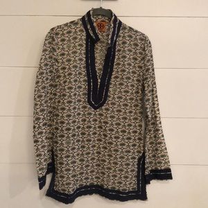 Tory Burch Cream and Navy Printed Tunic